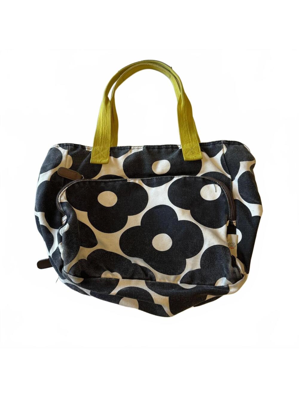 Orla Kiely Target Canvas Tote Bag Black White Floral Print Lime Handles Mod